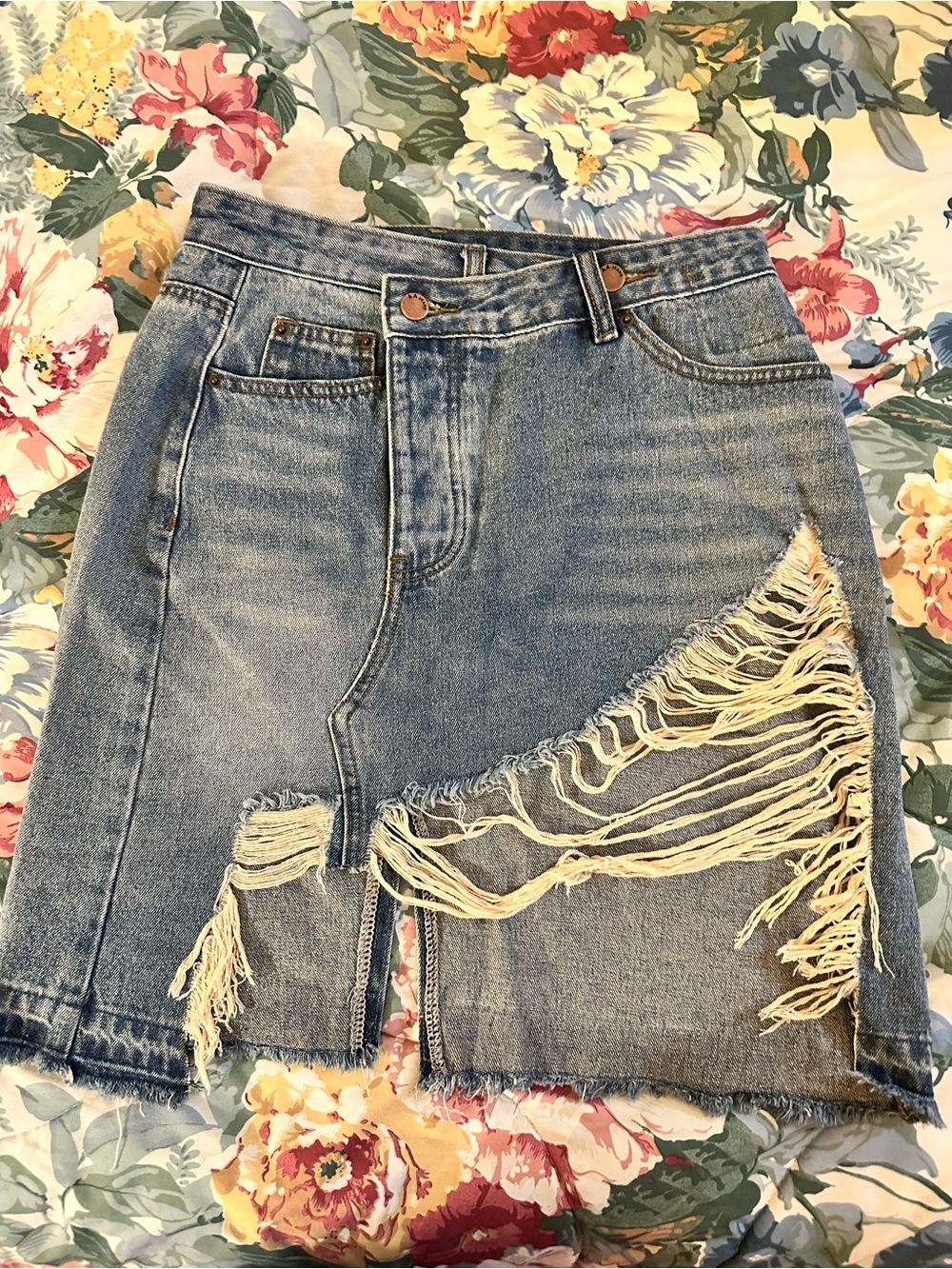 Aili Artisan Jeans Distressed Denim Skirt Size 27 High Waist